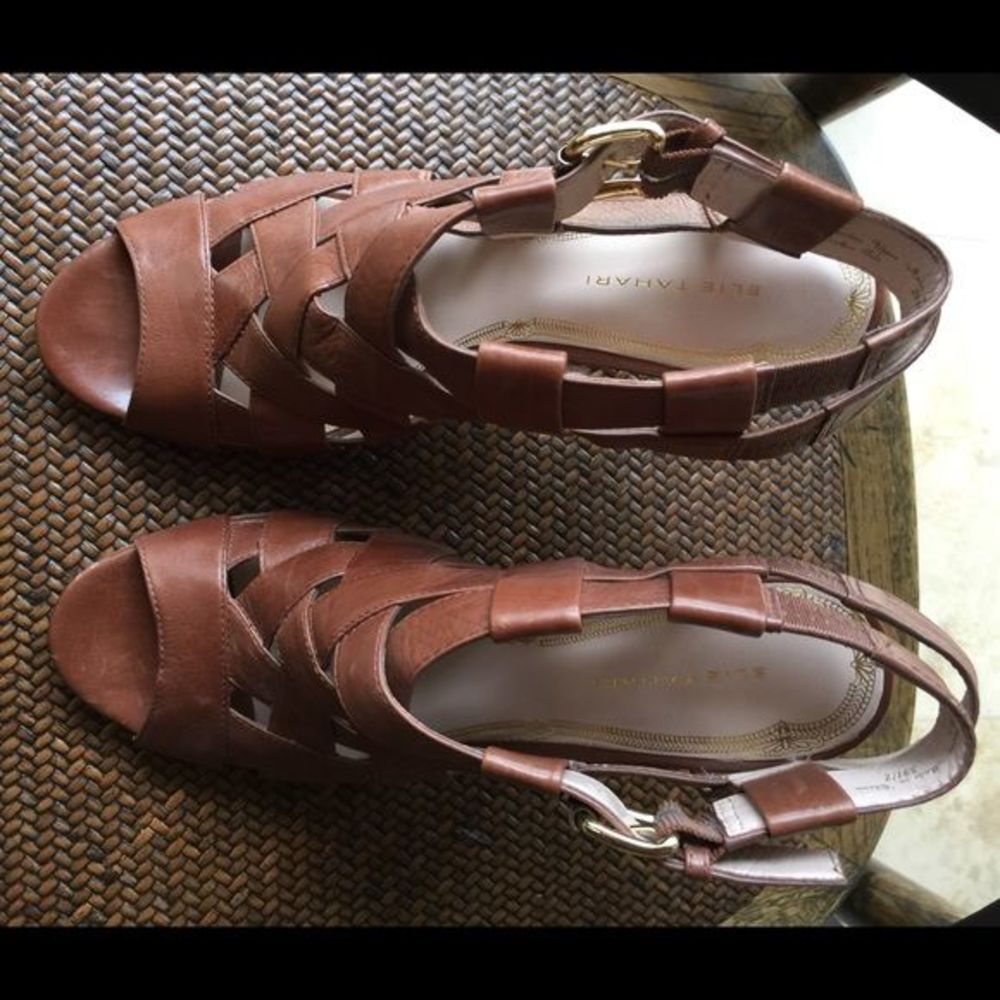 Ellie Tahari Brown Leather Peep Toe Sandals High Heels 9 1/2 - Picture 4 of 12